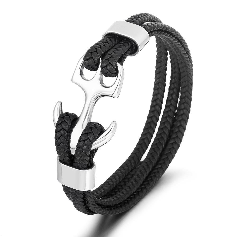 Handmade 18K Gold Plated 316L Stainless Steel Leather Animal Shape Punk Anchor Cuff Bracelet Braided for Men