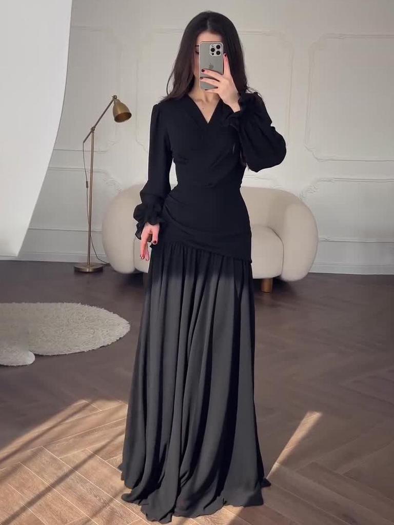2025 Spring Black Chiffon Dress: European & American Style Design for Women