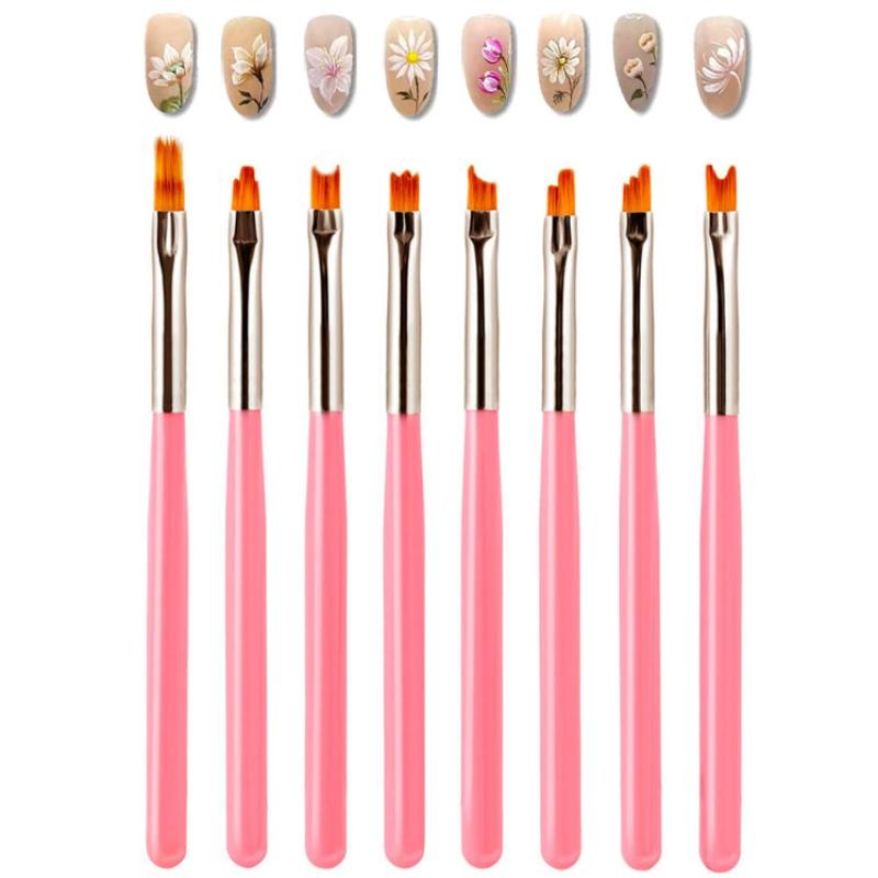 8Pcs Set Oblique Gradient Smudge Nail Flower Drawing Sawtooth Pen Multifunctional Mix Shape Petal Painting Gel Nail Art Brush