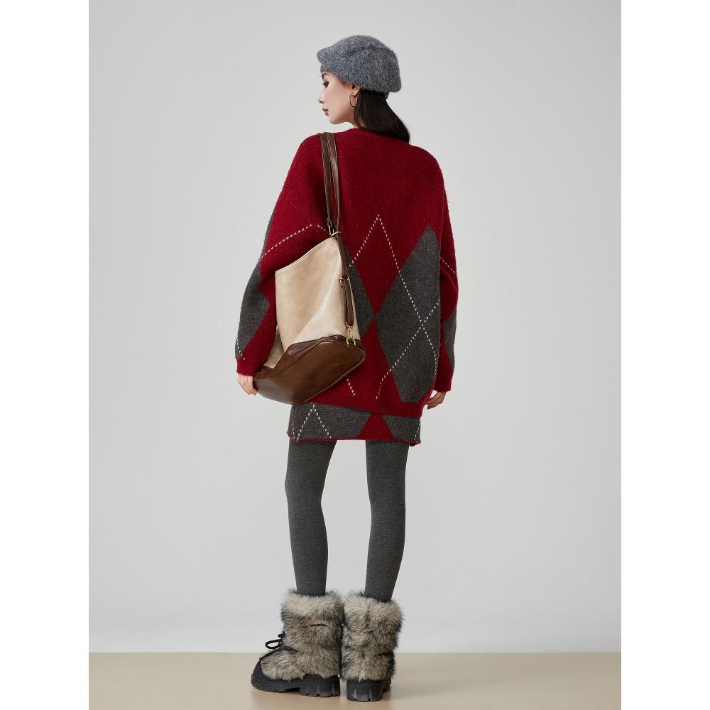 DIMANAF 2025 Plus Size Autumn Women plaid New Sweaters V-neck Knitting Basic Fashion O-Neck Style Loose Red Pullover Sweater