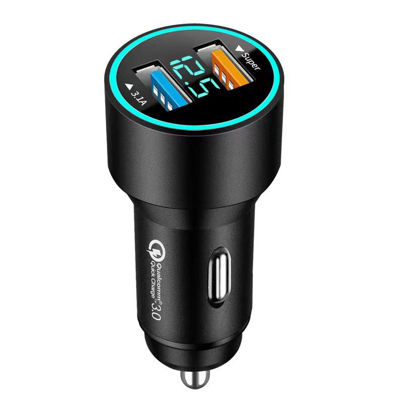 66W Fast Charging Car Charger with Digital Display and Metal Ring