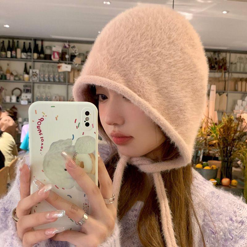 Imitation Mink Fur Lace-up Pullover Cap Women Plush Fisherman Hat Winter Warm Ear Protection Headgear Bonnet Solid Velvet Beanie