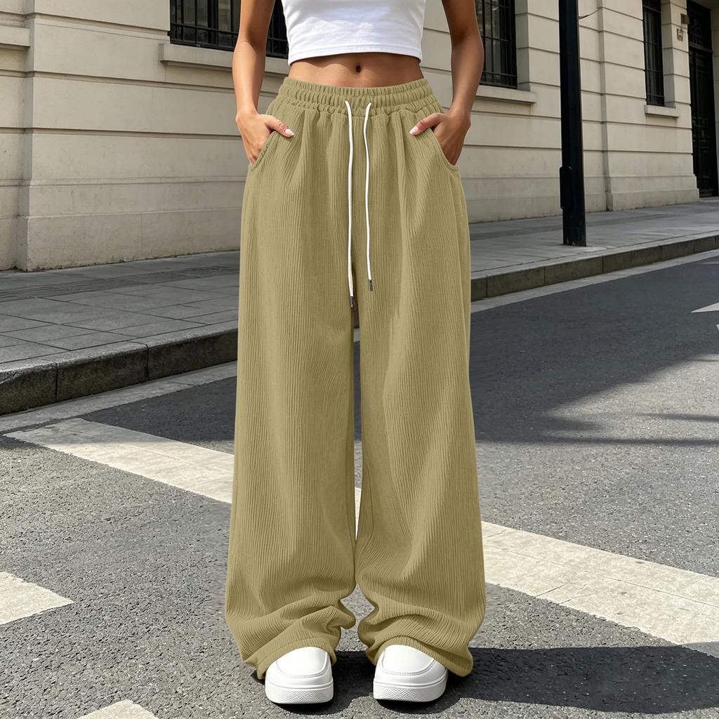 Women's Corduroy Drawstring Wide Leg Pants with Pockets - Loose Fit Casual Trousers for Daily Wear