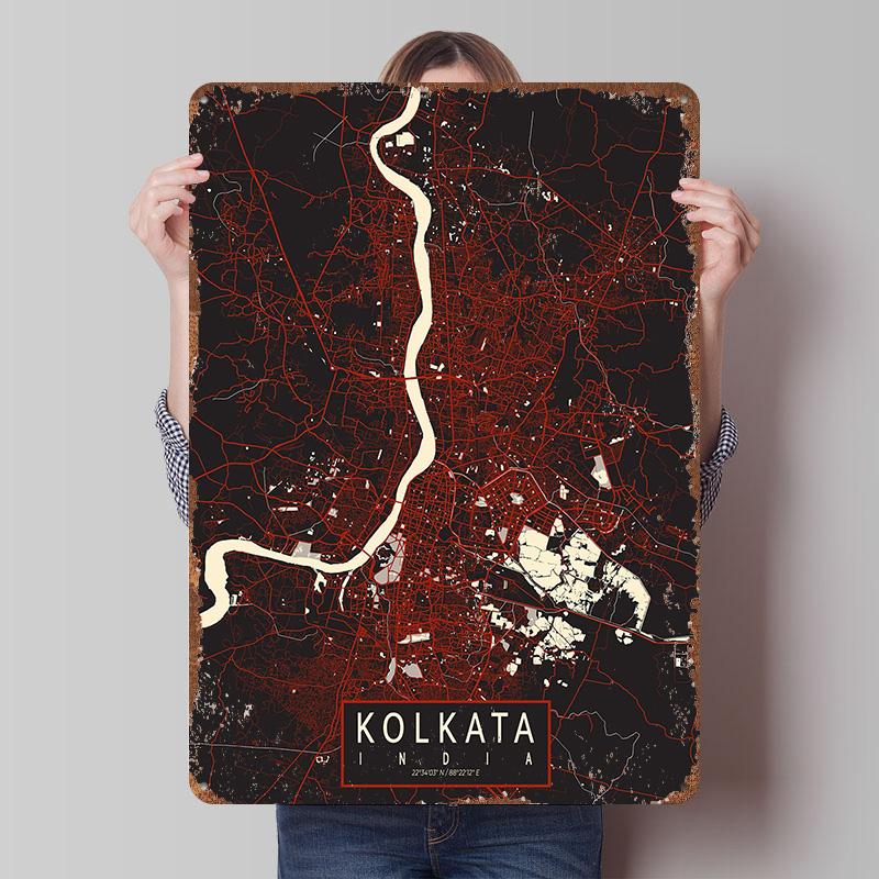 

Kolkata City Map India Vector Poster Customized Wall Art Vintage Metal Signs Retro Tin Plaque for Man Cave Mancave Decoration 20x30cm（7.8x11.8inch）