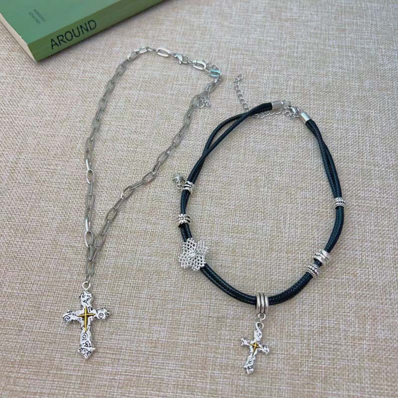 Punk Silver Color Cross Pendant Necklaces for Women Vintage Metal Double Layered Choker Necklaces Party Jewelry Gifts