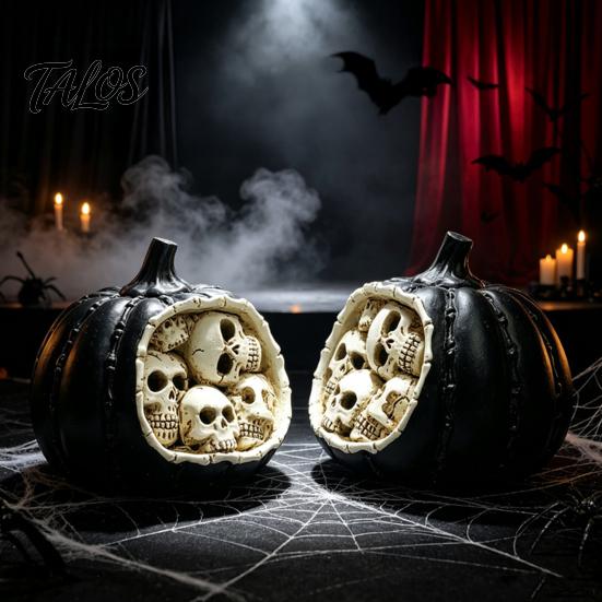 Decorative Pumpkin Skulls Halloween Skull Figurine, Realistic Resin Skeleton Statue Decorations, Spooky Gothic Home Accents Desktop Ornaments