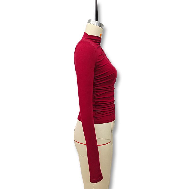 2024 Autumn/Winter Slim-Fit High-Neck Pleated Long-Sleeve Women's Top