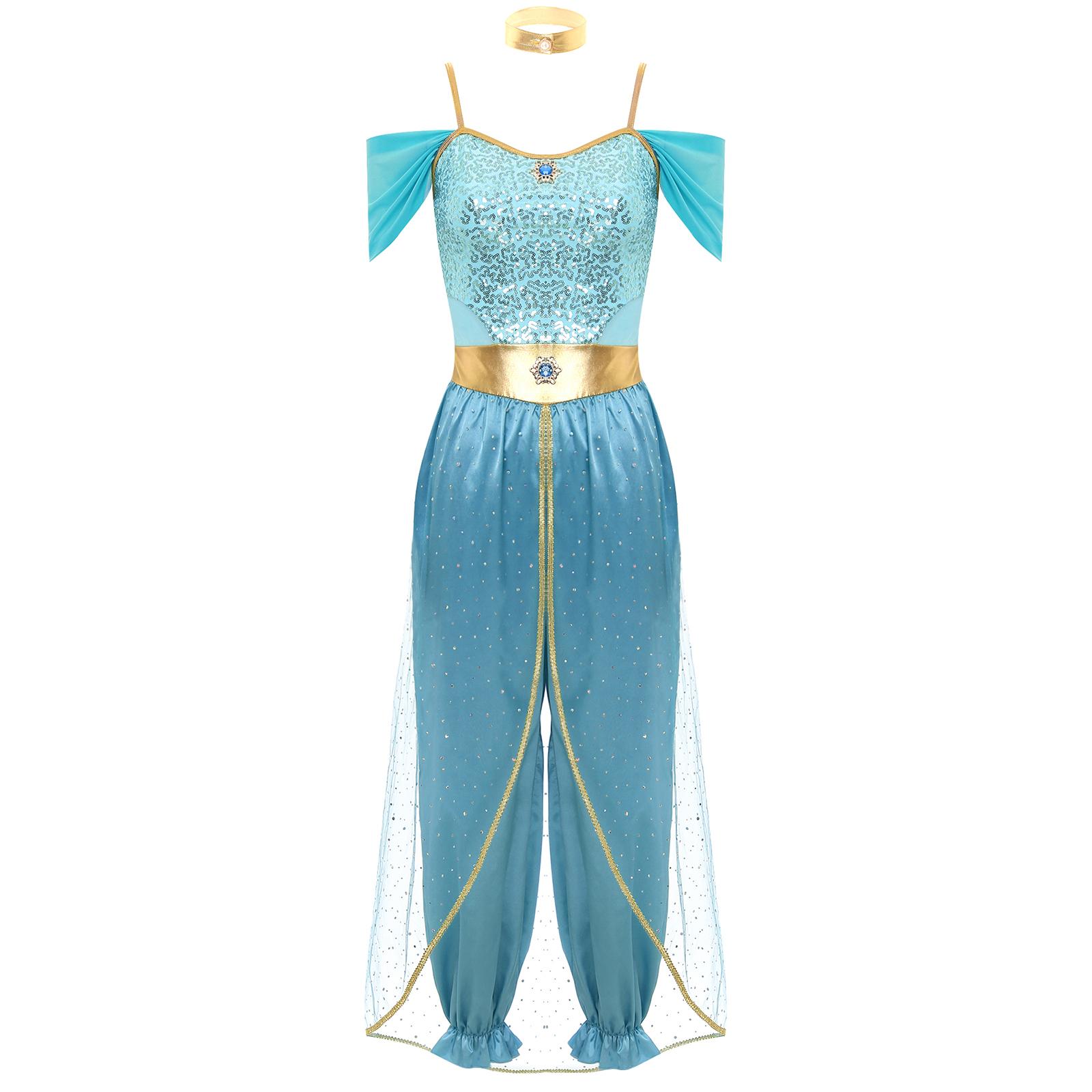 

Жіночий костюм арабської принцеси для танцю живота з блискітками, повзунки з блискучим коміром-чокером для вечірок на Хелловін M синій