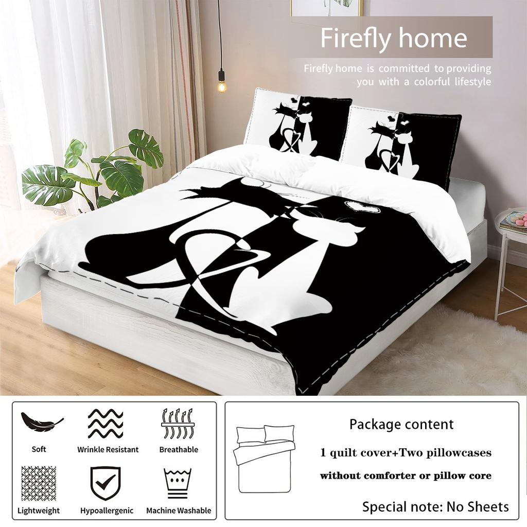3-piece Down Duvet Cover with Couple Cat Pattern Print (1 Down Duvet Cover+2 Pillowcases, No Core) Soft Bedding Set