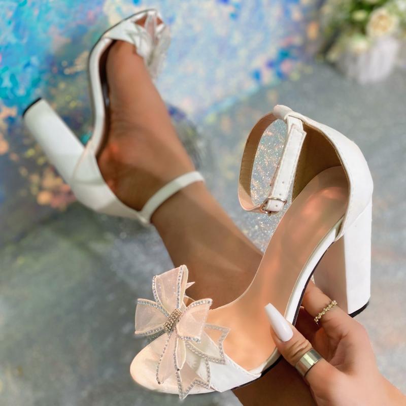 Eilyken Sommer Schleife Quadratische Hohe Absätze Damen Sandalen Schnalle Riemen Offene Zehen Party Kleid Damenschuhe