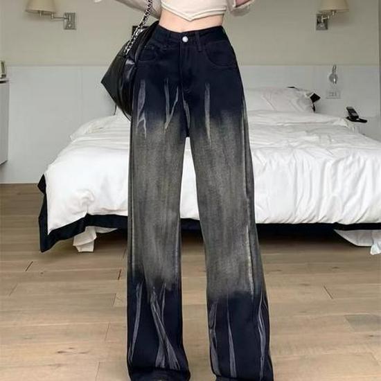 Women's American Retro Wide-Leg Jeans, High Waist, Straight Loose Fit, Floor-Length, Spring/Autumn 2023 Design 