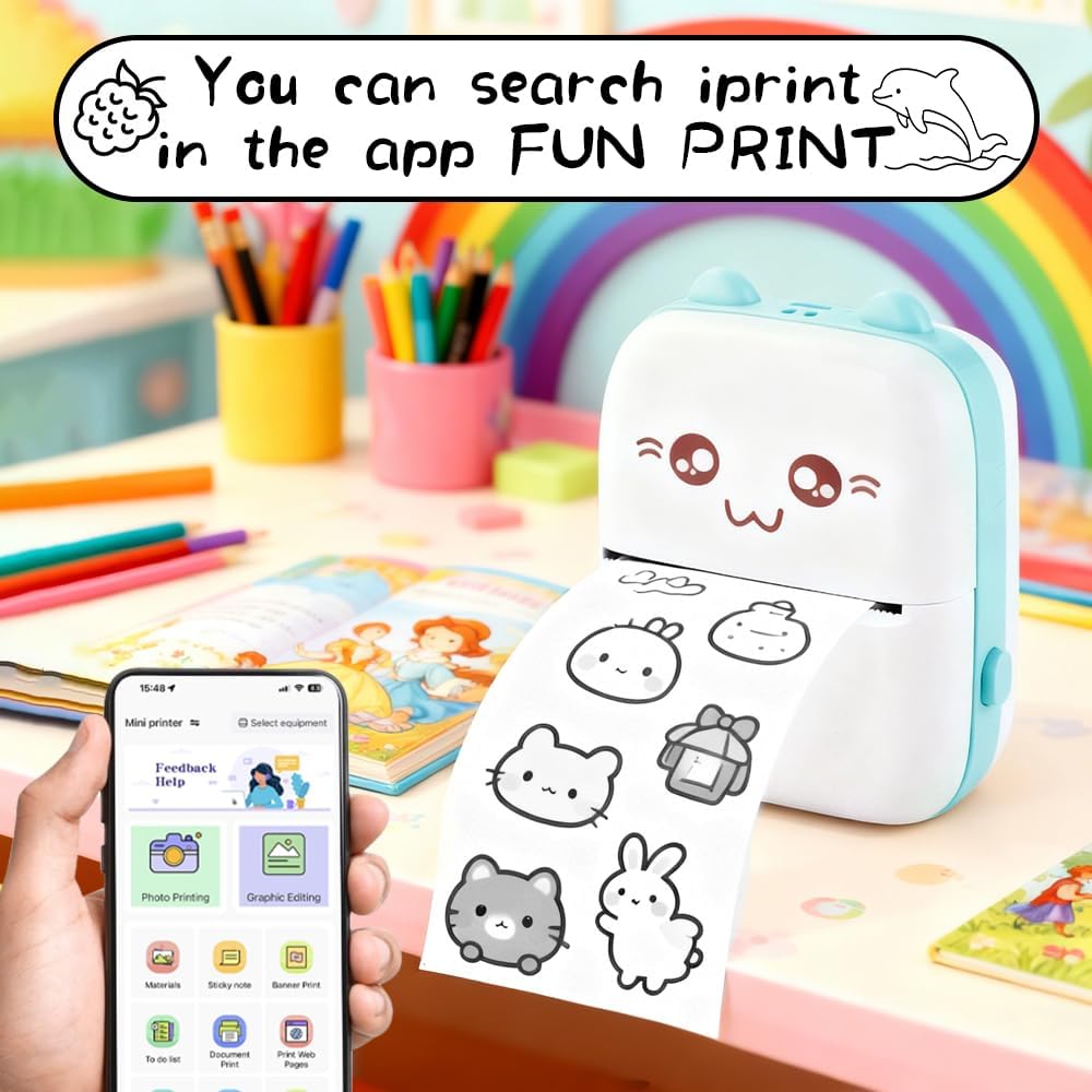 Mini Thermal Printer, Wireless Bluetooth Printer for iOS Android, 13 Roll Printing Paper, Portable Receipt, Inkless Photo Picture QR Code Receipt List