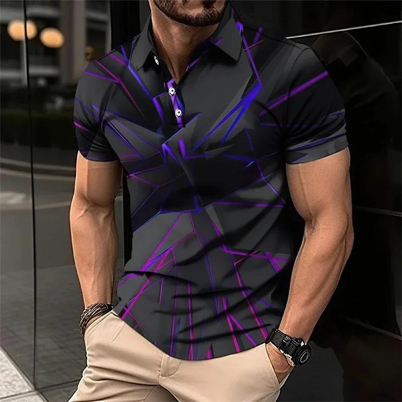 Stylish Geometric Design Short-sleeve Polo Shirt, Trendy Casual Top for Men