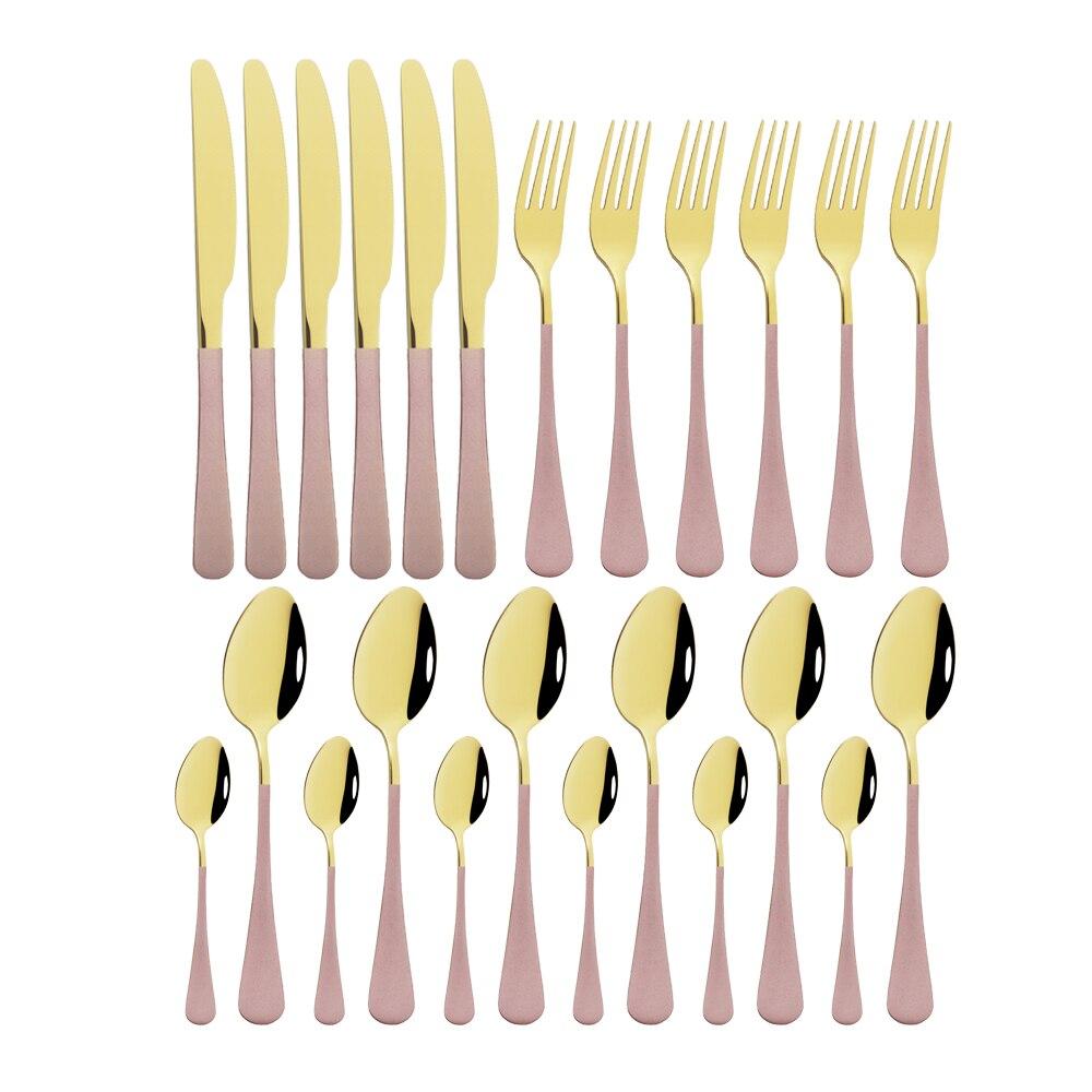 24Pcs/set Stainless Steel Dinner Black Gold Dinnerware Set Knife Fork Coffee Spoon Cutlery Set Kitchen Tableware Silverware Sets