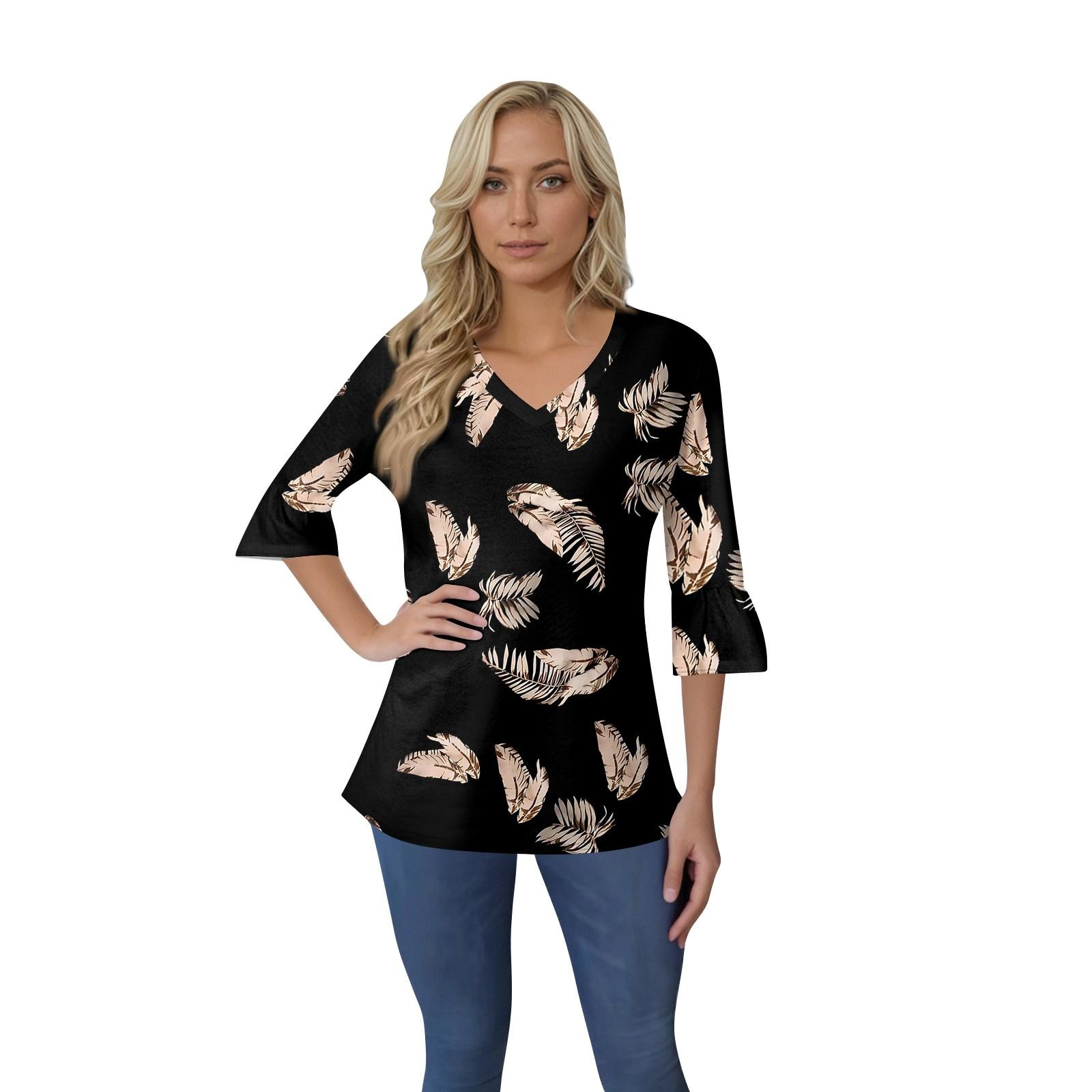 

Женский повседневный топ с рукавами 3/4, летняя футболка с v-образным вырезом и пышными рукавами XXXL чёрный