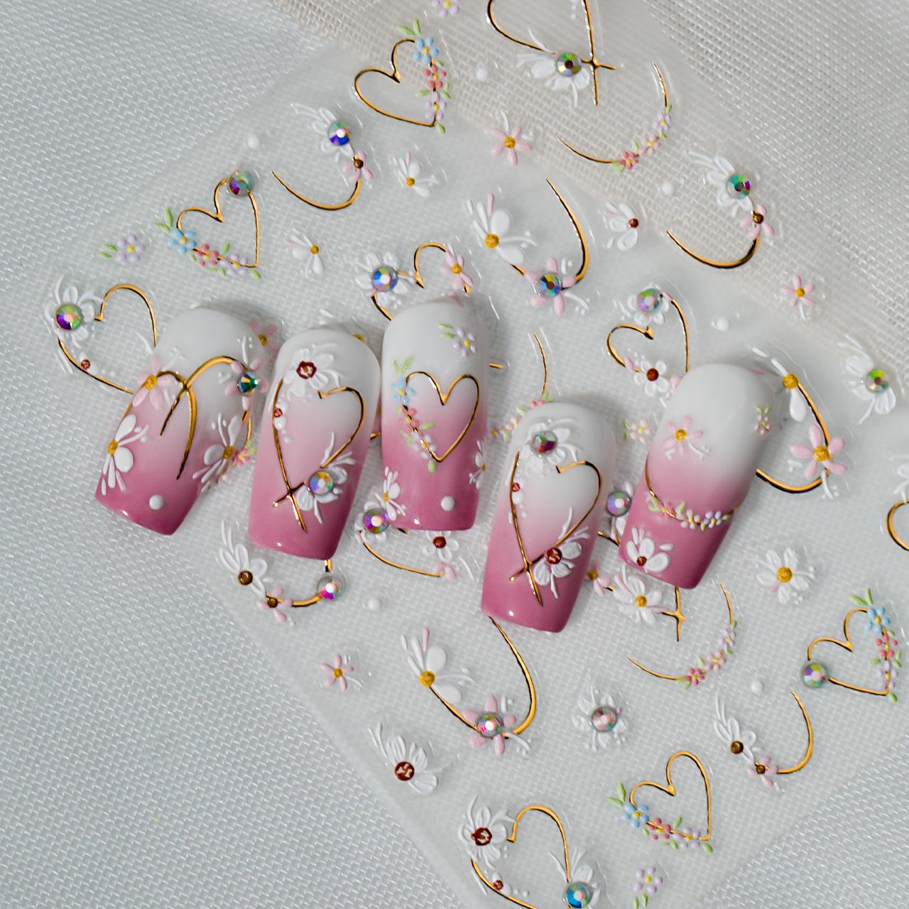 Fairy Style Stickers: Silver Thread Hearts & Daisies with Colorful Rhinestones & Pearls - Fresh, Soft & Perfect for Everyday!