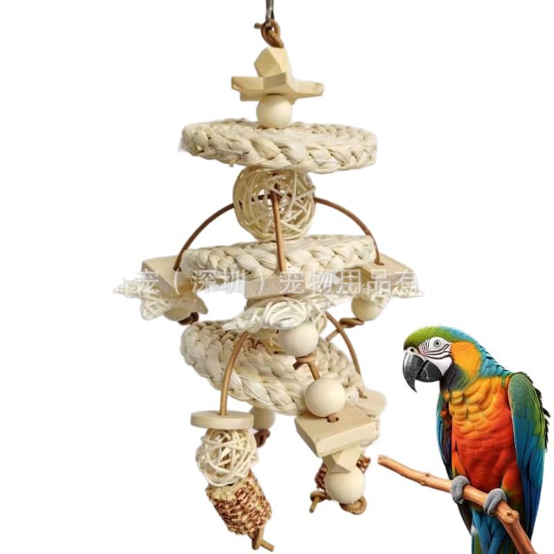 Kauspielzeug aus Stroh und Rattan für große und mittelgroße Papageien - Schnur zum Nagen und Zähne putzen, Spielanhänger