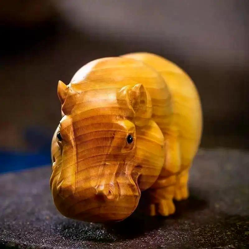 1Pcs Manual Wood Carving Wooden Product Rhino Hippo Elephant Figurine Car Ornaments Statue Desk Sculpture Room Home Decoration