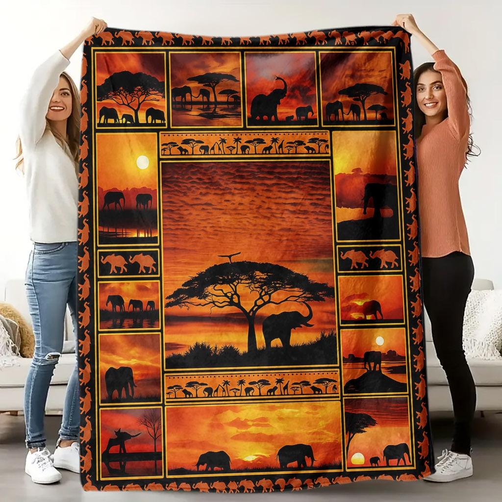 African Elephant Throw Blanket, Sunset Animal Blanket for Sofa Bed Travel Home Decor