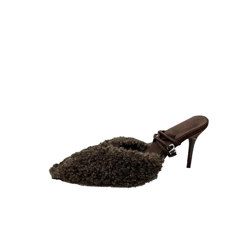 2025 Autumn and Winter New Pointed Head Thin Heel European and American Fashion Bag Head High Heel Mao Mao Shoes