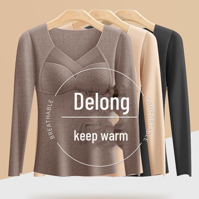 3901 Long-Sleeve Women's Warm V-Neck Tulle Top with One-Piece Cup