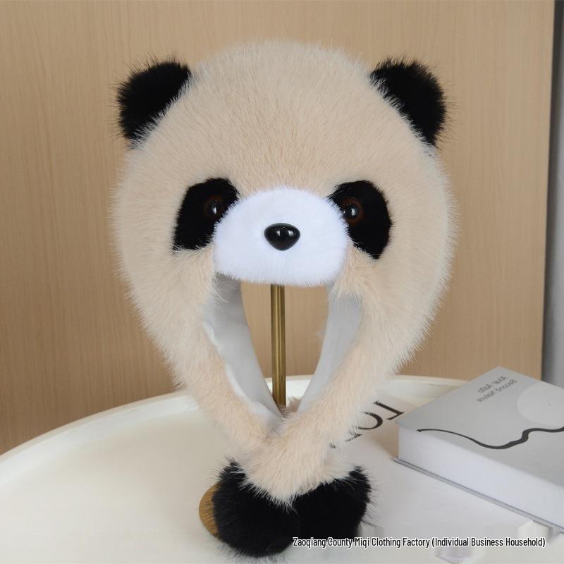 Large Faux Fur Panda Earmuff Hat - Enhances Face Slimness, Winter Warmth, Ideal for Outdoor Photography.