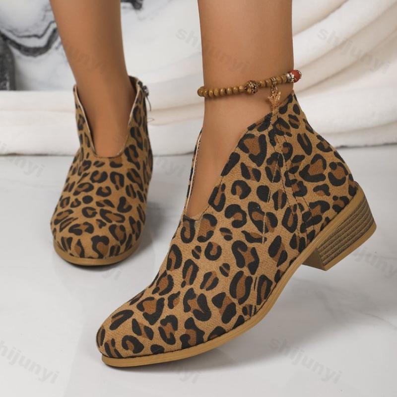Fashion Women's Autumn Winter Chelsea Ankle Boots Brand Ladies Fashion Leopard Print Bare Boots Side Zipper Casual Suede Leather Booties