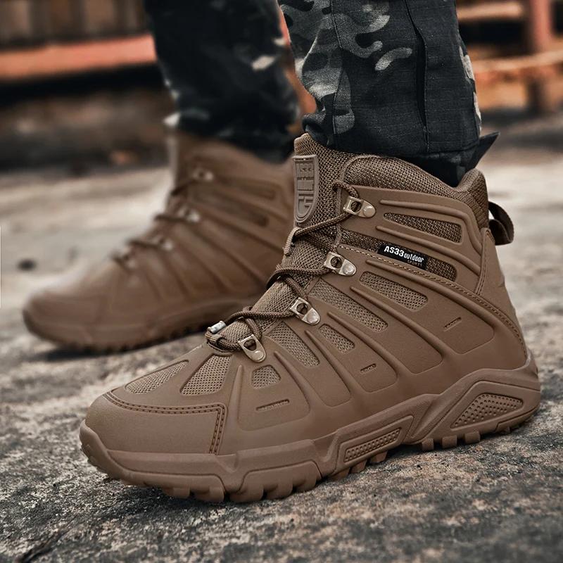 Men High-top Military Boots Outdoor Training Breathable Anti Slip Wear Resistant Climbing Hiking Desert Field Training Shoes