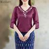 Women Print Casual V-neck Elegant 3/4 Sleeve Blouse