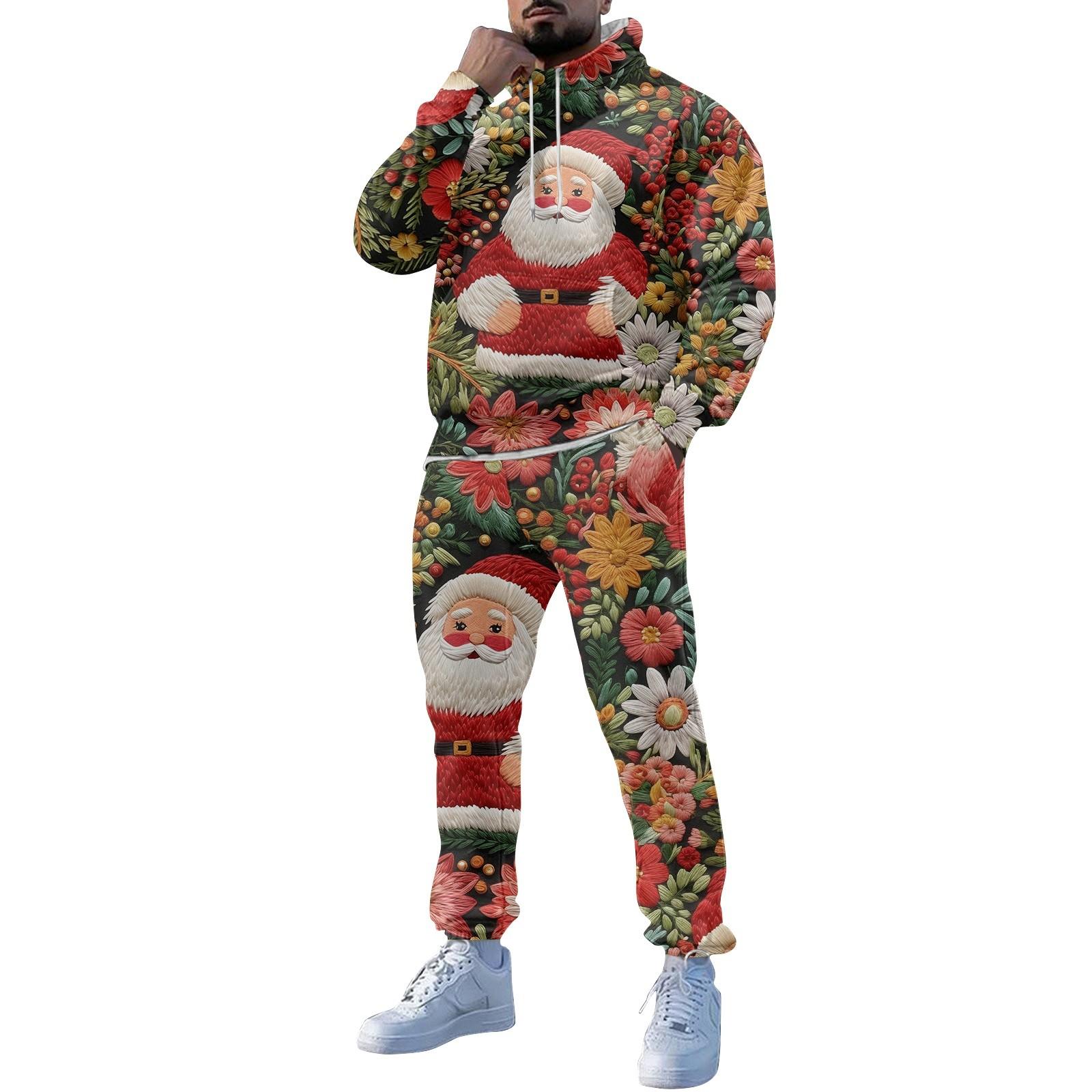 

Мужские зимние рождественские принты с длинным рукавом толстовки с капюшоном толстовка брюки костюм XL красный