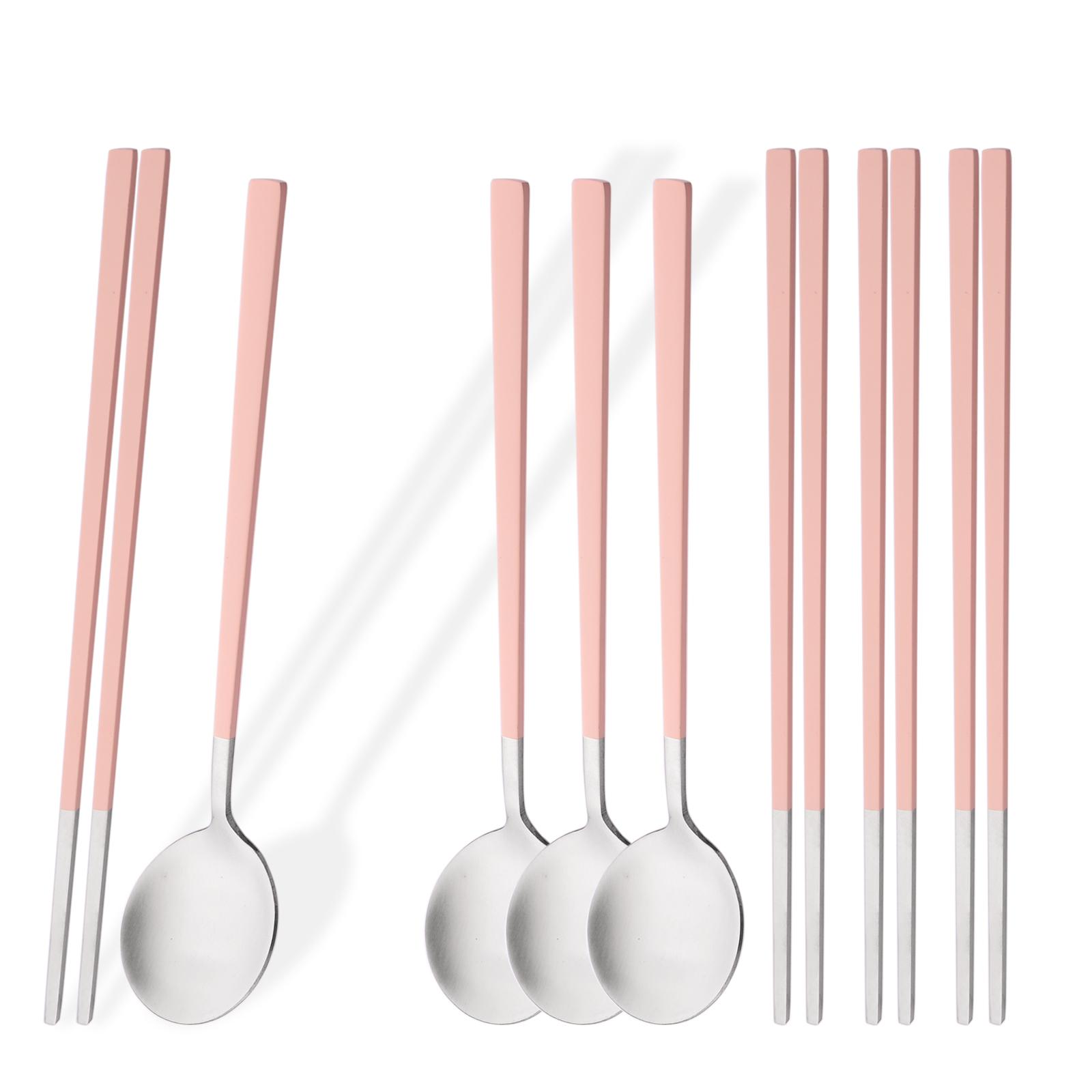

4 Set Korean Chopsticks and Spoons, Stainless Steel Metal Set, Reusable Flat Long Handle Set for Home, Kitchen or Restaurant розовый