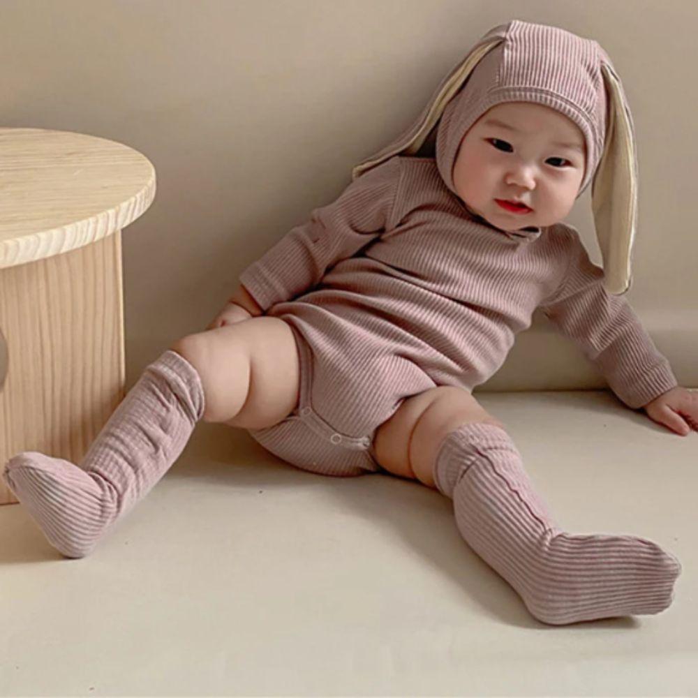 Ribbed Texture Bunny Costume Cotton Solid Baby Bodysuit Rabbit Romper Sets  Infant Girls