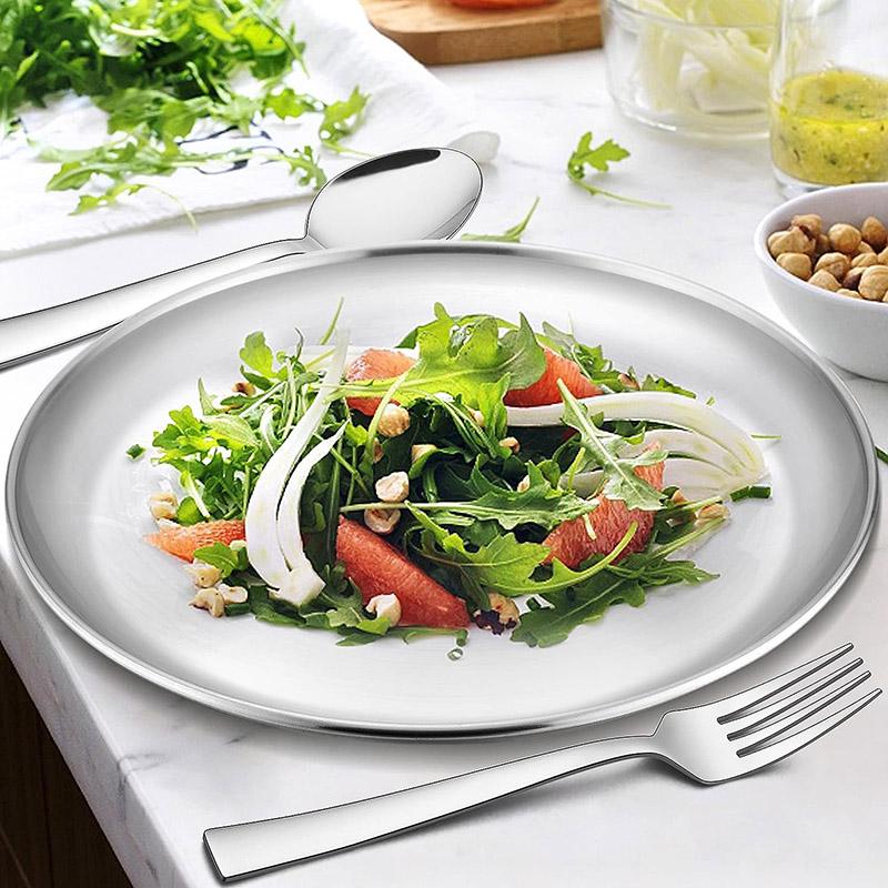 Reusable 304 Stainless Steel Dinner Plates, Heavy-Duty Metal Round Dishes Flat Feeding Serving Plate - Tableware