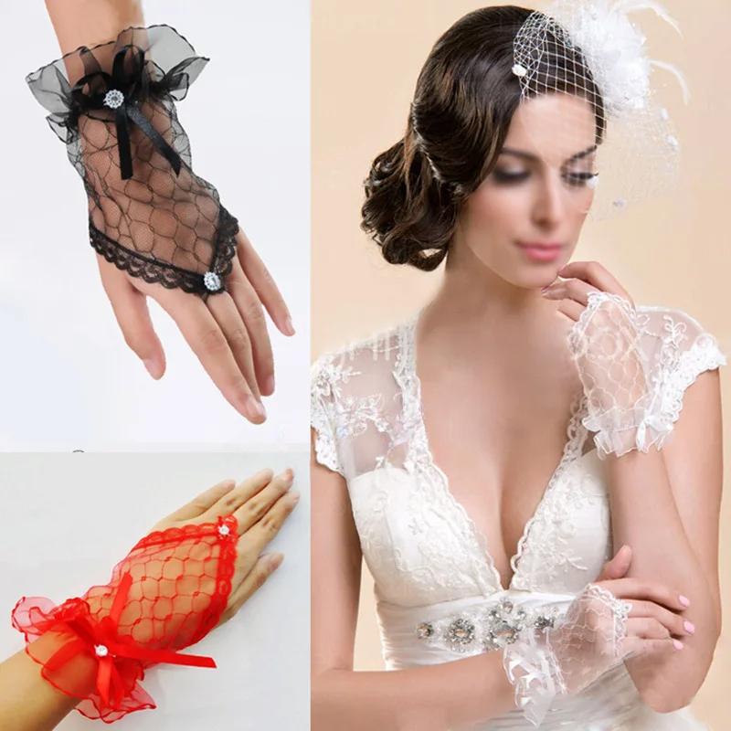 Gothic Short Black Gloves Female Harajuku Lace Bridal Wedding Halloween Lolita Dress Net Gauze Bow Hand Sleeve Fishnet Gloves