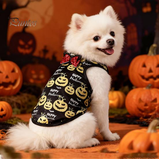 Dog T-shirt Halloween Pet Costume, Pumpkin Print Vest for Small Dogs Cats, Glitter Bow Festive Costume Tie Puppy Outfit, Cute Clothes Party