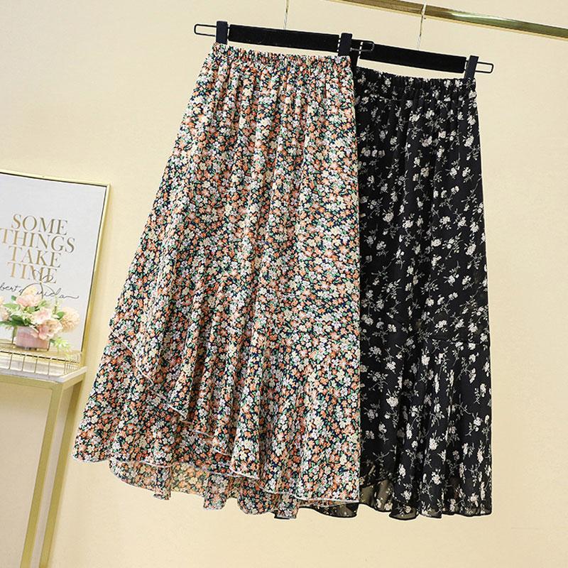 Fashion Ruffles Asymmetrical Midi Skirts Women's Clothing Prairie Chic Broken Flowers Spring Summer Vintage High Waist Skirts