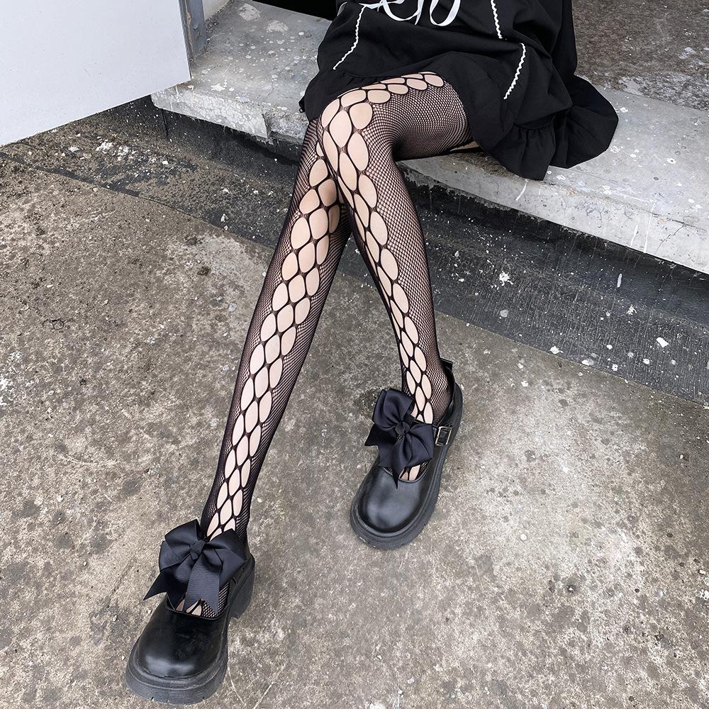 JK Lolita garter stockings, trendy black stockings, summer thin Japanese retro over-the-knee long ripped stockings for women