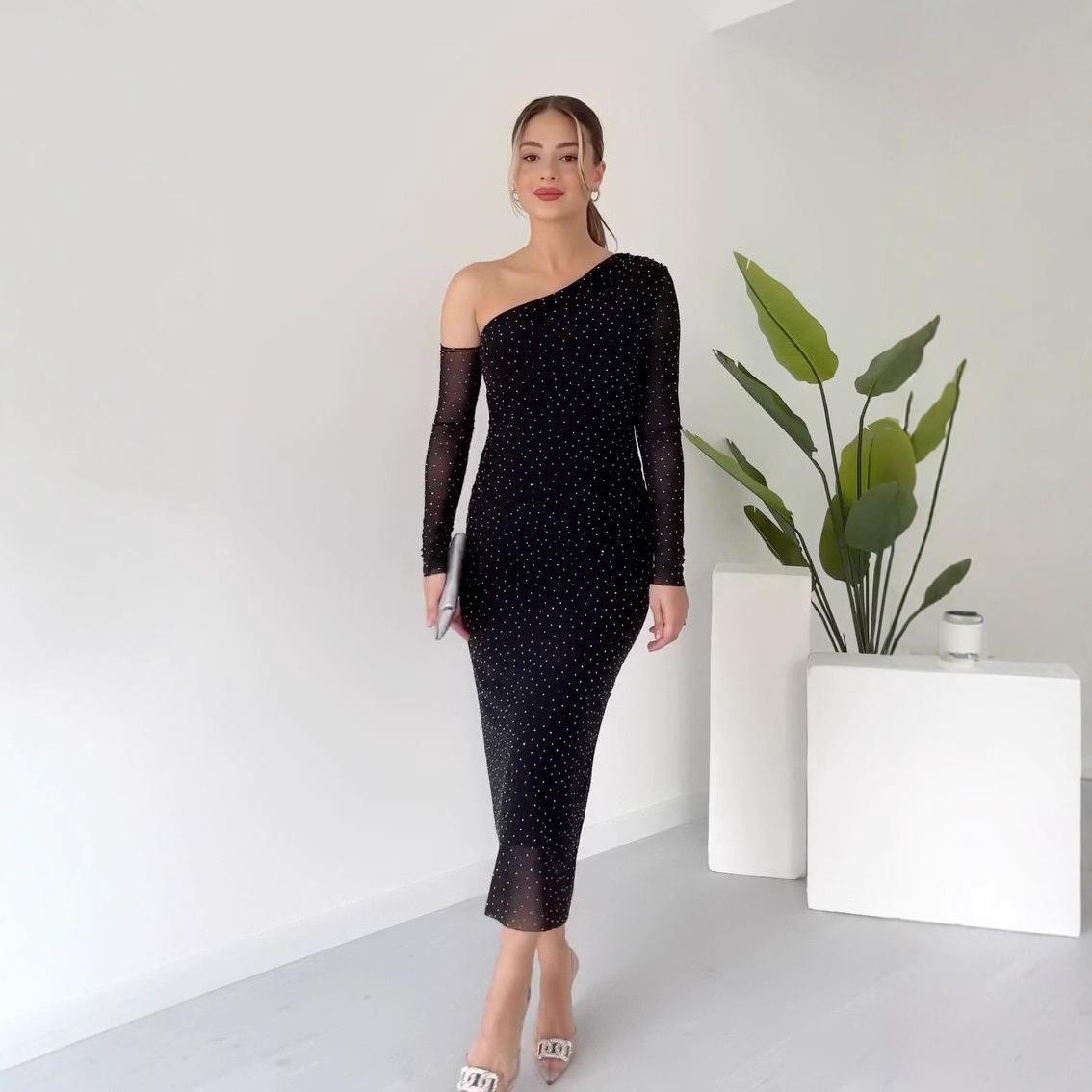 2025 Summer Off-Shoulder European & American Polka Dot Long-Sleeve Bodycon Dress M чёрный