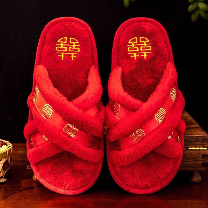 Wedding slippers four seasons indoor home bride dowry red happy slippers thick-bottomed spring and autumn wedding slippers