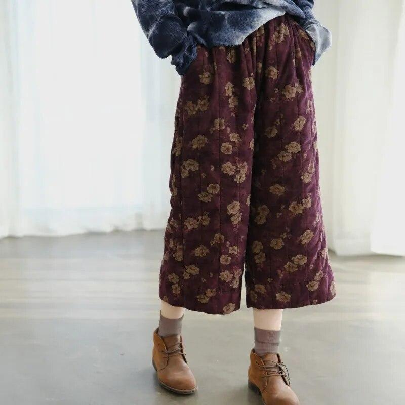 Johnature Women Vintage Corduroy Print Floral Wide Leg Pants Plus Cotton Trouser Winter Elastic Waist High Quality Pants
