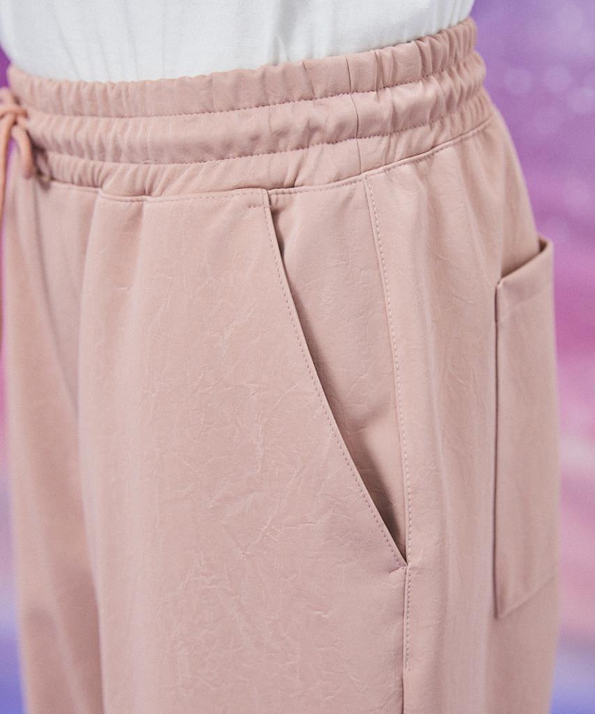 WAIKEI Wide Crack Artificial Leather Banding Pants Dust Pink