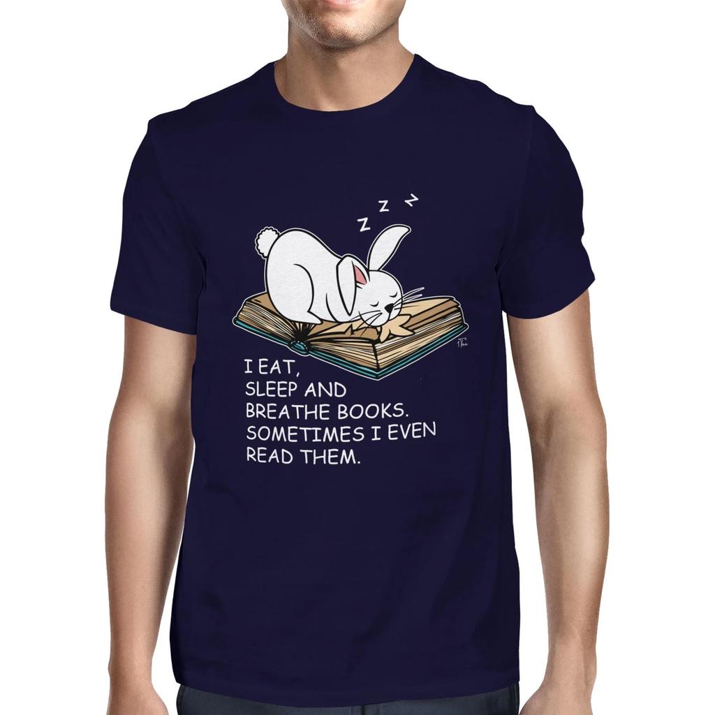1Tee Mens I Eat, Sleep and Breathe Books, Slogan Rabbit T-Shirt