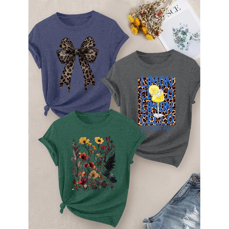 Leopard Lemon Wine Floral Print Round Neck Two Piece Short Sleeve Women Sisters Elegant Party Outfit S