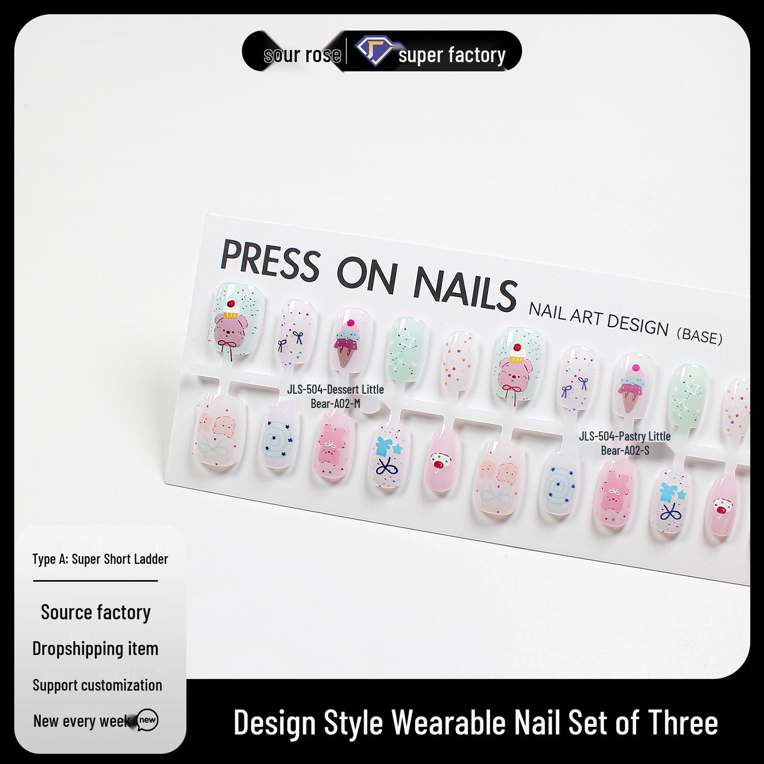 

Jiaolong Wearable Cute Cartoon Bear Nail Patches - Removable & Handmade Fresh Style