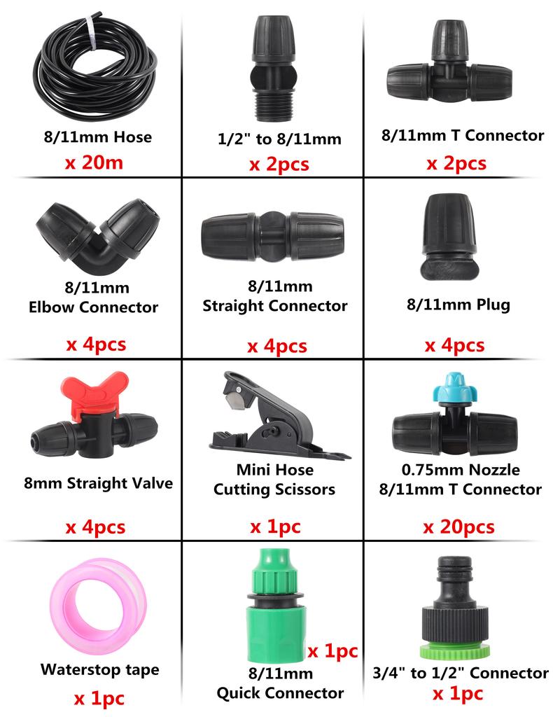 5/10/15/20m 8/11mm Hose Garden Watering Kit 0.75mm Orifice Lock Spray Nozzle Lawn Greenhouse Irrigation System