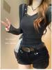 Korean Style Slim Fit Round Neck Rivet Long Sleeve Top for Women - Spring Solid Color