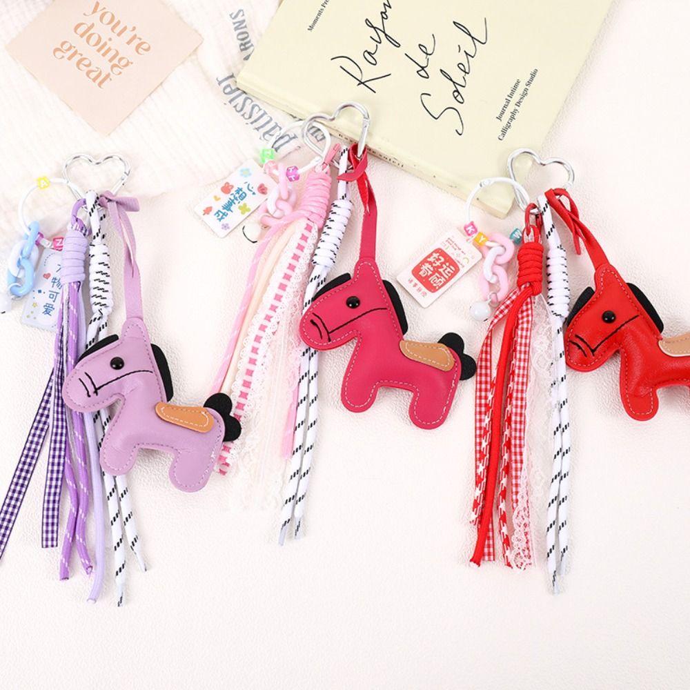 Cartoon Horse Keychain Leather Chinese New Year Gift Kawaii Zodiac Pony Bag Pendant  Birthday Gift