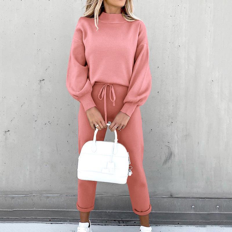 2021 Winter Women's High Neck Casual Loose Solid Hoodie & Trousers Two-Piece Set