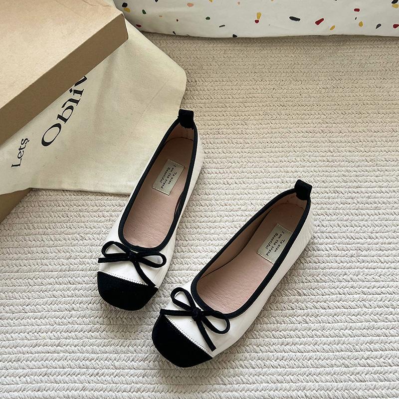 Small inner height increase square head red flat single shoes women's spring and autumn new bow ballet style retro Doudou shoes
