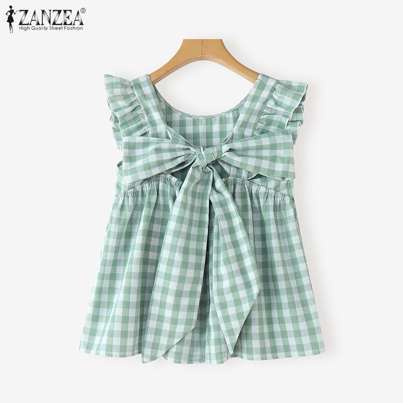 ZANZEA Women Casual Round Neck Sleeveless Summer Grid Print Tank Tops